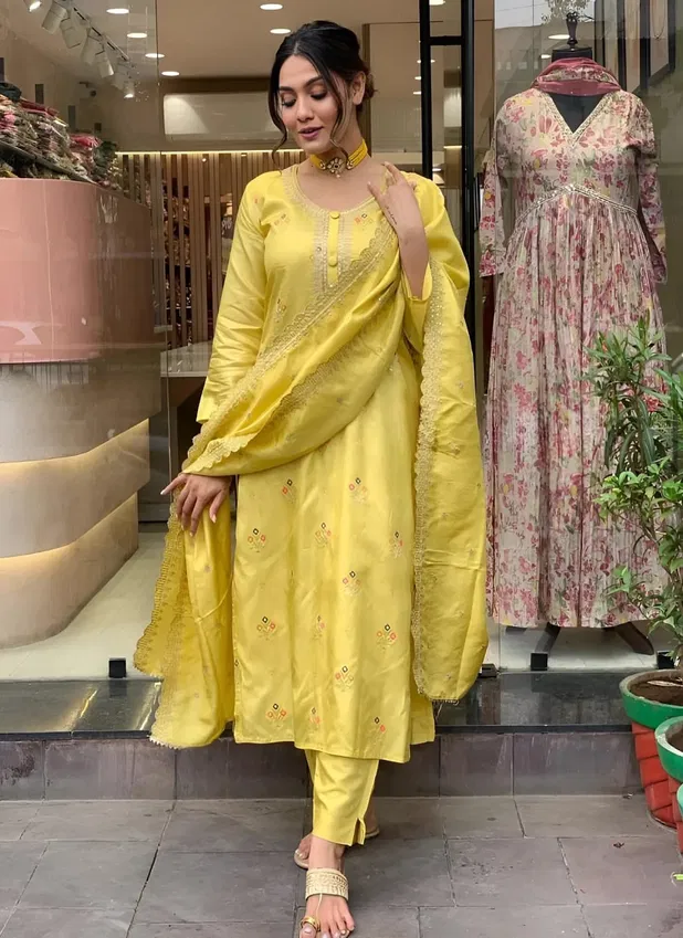 KF 2002 Kalaai Lemon Yellow Viscose Jacquard Kurti With Bottom Dupatta Exporters In India