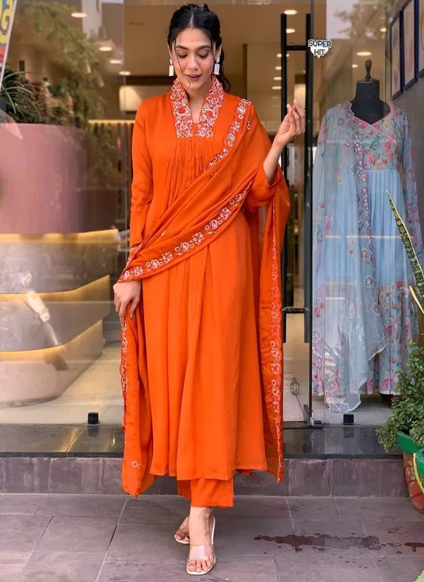 KF Kalaai Dark Orange Cotton Embroidery Kurti With Bottom Dupatta Orders In India