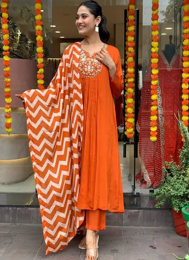 KF Kalaai Orange Cotton Embroidery Kurti With Bottom Dupatta Online Wholesale