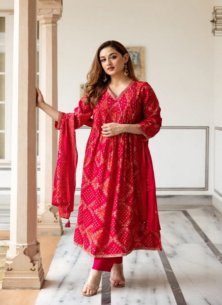 KF Red Kalaai Printex Embroidery Kurti With Bottom Dupatta Exporters In India