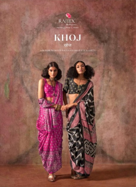 Khoj By Rajtex Ajrakh Print Satin Georgette Online Uniform Wear Saree Wholesale