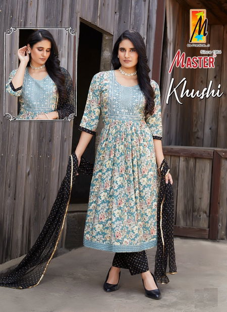 Khushi By Master Naira Cut Rayon Printed Kurti With Bottom Dupatta Wholesalers In Delhi
 Catalog