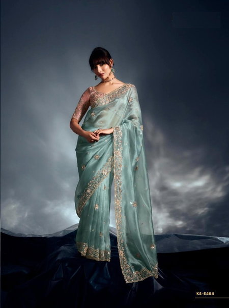 Sea Green Fancy Fabric With Designer Dorned With Moti Saree Wholesale Online