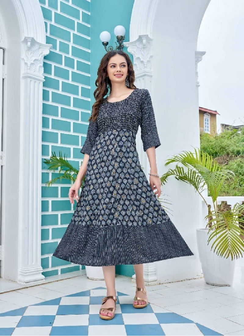 Kinti Blue Ethnic Wear Wholesale Printed Anarkali Kurtis