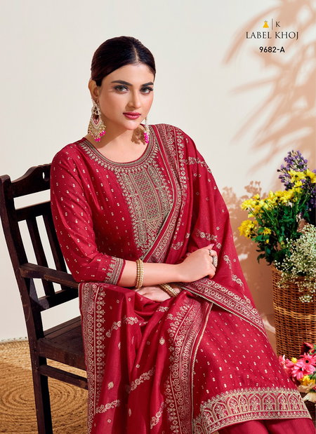 Label Khoj 9682 A To 9684 B Embroidery Vichitra Silk Designer Readymade Suits Wholesale Shop In Surat