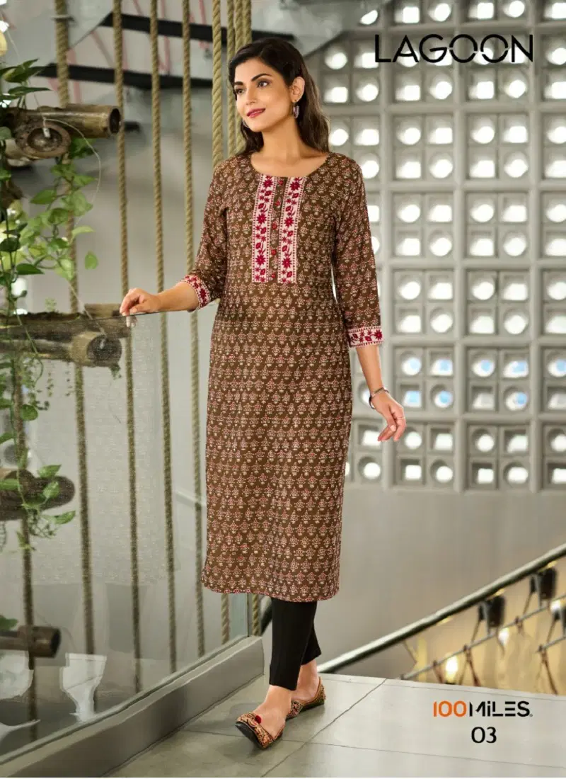 Lagoon By 100miles Digital Printed Embroidered Kurti Surat Wholesale Market Catalog