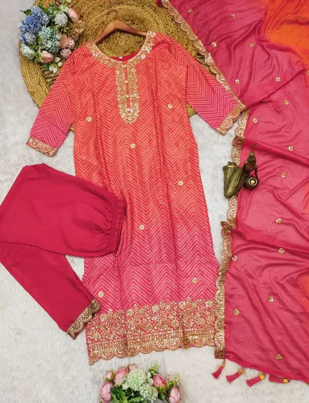 Latest Chinnon Bandhni Surat Kurti With Bottom Dupatta Wholesale Market

