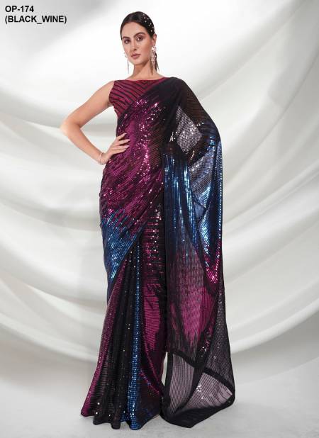 Laxminam OP-174(BLACK_WINE) Georgette Party Wear Sarees Wholesale Clothing Distributors In India