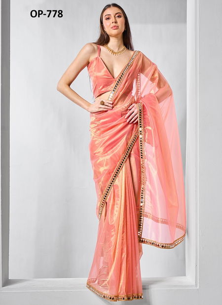 Laxminam OP 778 Peach Designer Gold Tissue Net Saree Wholesale In India Catalog