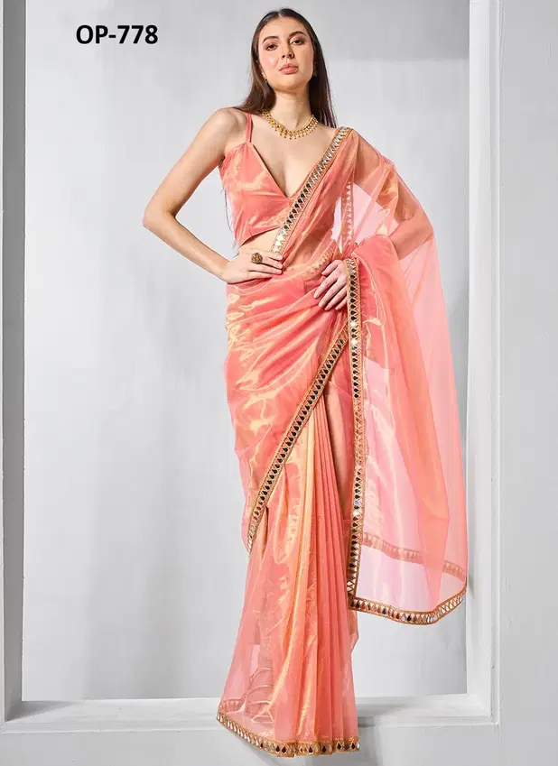 Laxminam OP 778 Peach Designer Gold Tissue Net Saree Wholesale In India