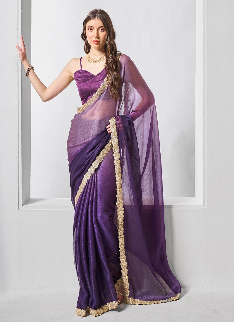 Laxminam OP 786 Purple Designer Shimmer Chiffon Saree Suppliers In India