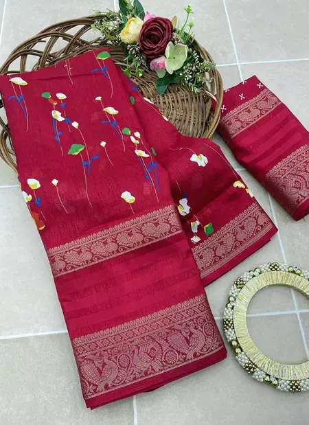 LC 111 Flower Print Pure Dola Silk Jacquard Border Designer Sarees Manufacturers
