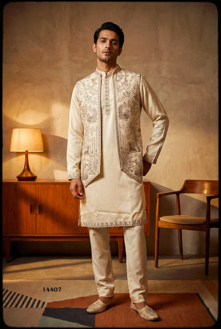 Light Pink Outluk Vol 144 Designer Heavy Armani Mens Indo Western 14407