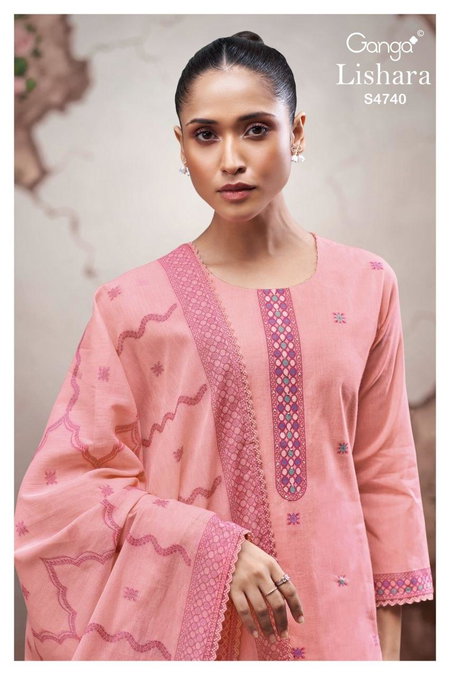 Lishara 4740 By Ganga Cotton Embroidery Designer Salwar Suits Exporters In India