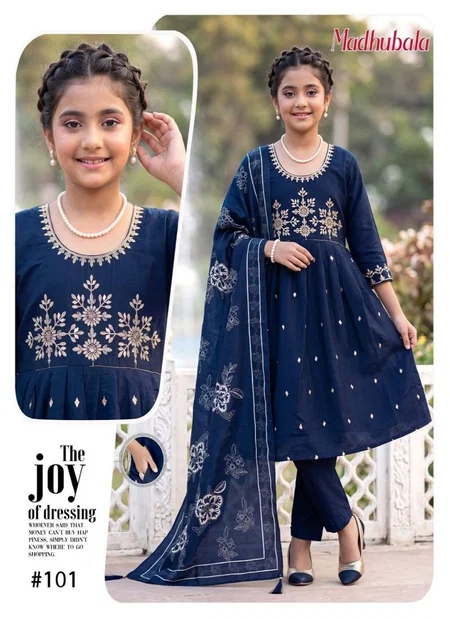 Madhubala Kids Roman Silk Embroidered Kurti Set