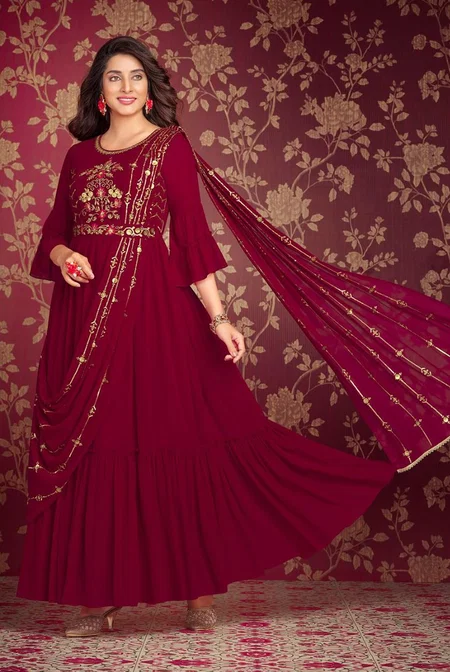 Magenta Colour Rosette By Lily And Lali Georgette Online Designer Gown Wholesale