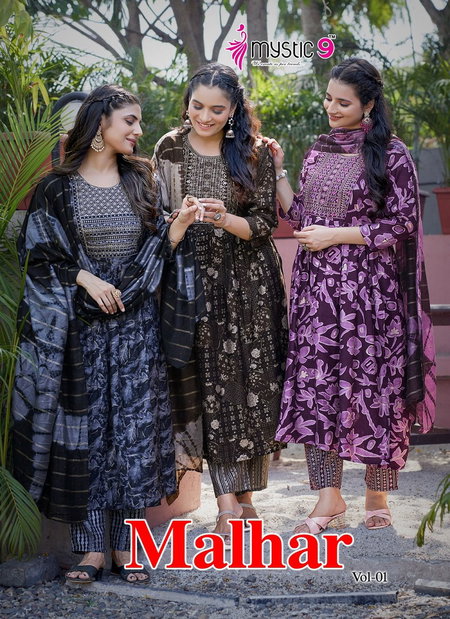 Malhar Vol 01 By Mystic 9 Naira Cut Chanderi Modal Printed Readymade Suits Wholesale Online
