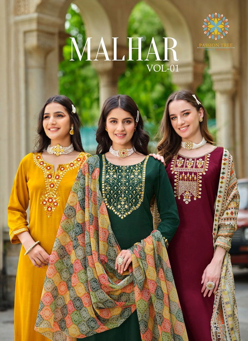 Malhar Vol 1 By Passion Tree Roman Silk Designer Kurti With Bottom Dupatta Wholesale Online
 Catalog