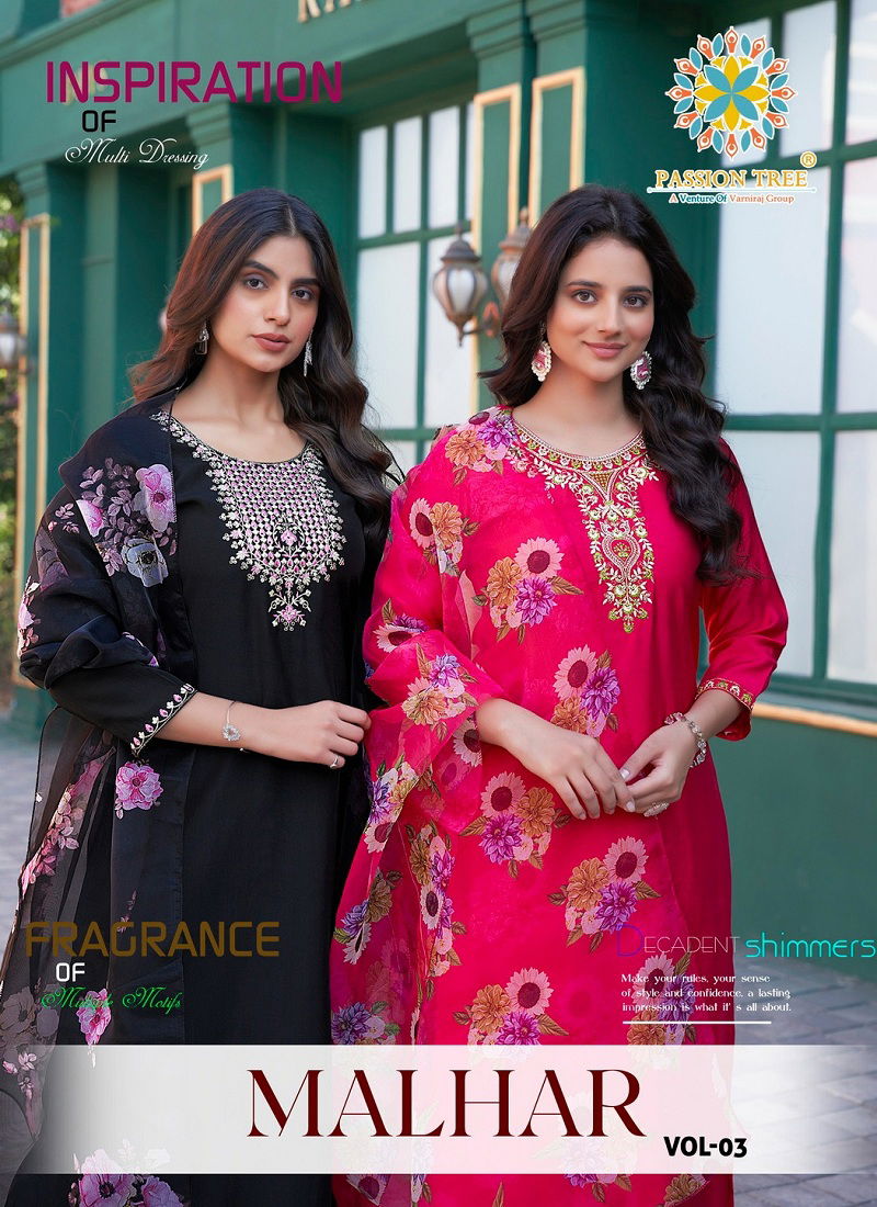 Malhar Vol 3 By Passion Tree Roman Silk Embroidery Readymade Suits Exporters In India Catalog