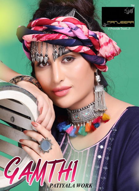 Manjeera Gamthi Latest Ethnic wear Patiyala Work Rayon Top With Fancy Naznin Dupatta Readymade Collection Catalog