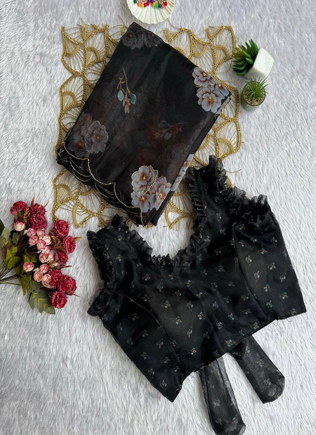 Mann Designer Hand Work Soft Organza Black Party Wear Sarees Wholesale Online