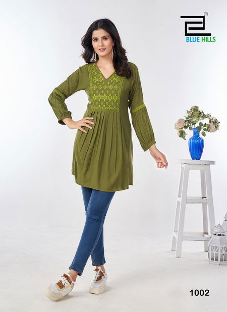 Manu Bhaker By Blue Hills Rayon Short Kurti Wholesale Shop In Surat
 Catalog