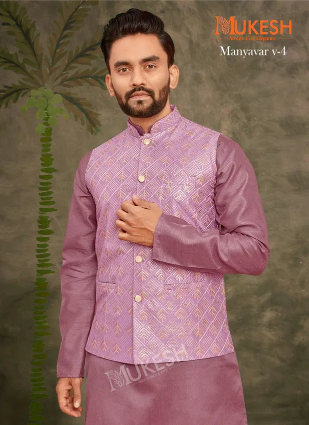 Manyavar Vol 4 By Mukesh Banglori Silk Modi Jacket Kurta Pajama Wholesale Online