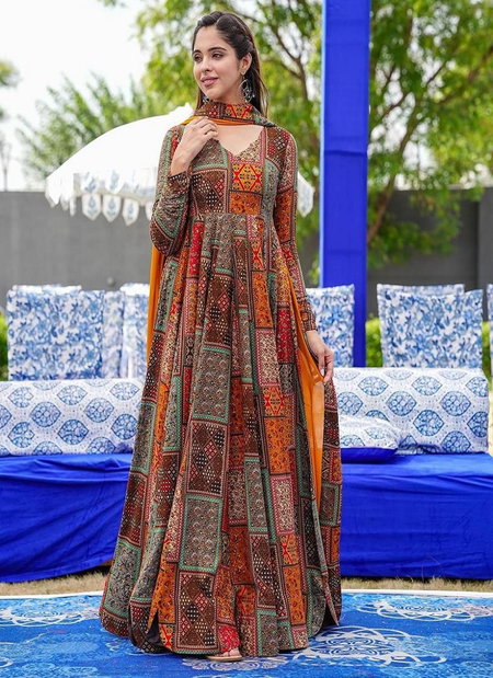 Brown Floor-Length Printed Gown with Dupatta Perfect Blend of Tradition & Style main image 1