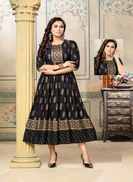 Mayra Gold Queen New Fancy Ethnic Wear Rayon Printed Long Anarkali Kurti Collection Catalog