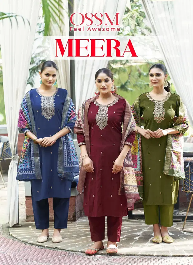 Meera By Ossm  Viscose Silk Embroidery Kurti With Bottom Dupatta Wholesale Online