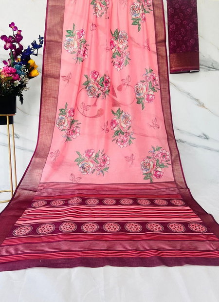 MG 378 Gold Jari Border With Weaving Linen Printed Sarees Wholesale Online
