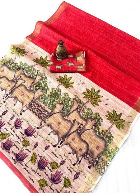 MG 444 Gold Jari Border Linen Printed Sarees Wholesale Shop In Surat