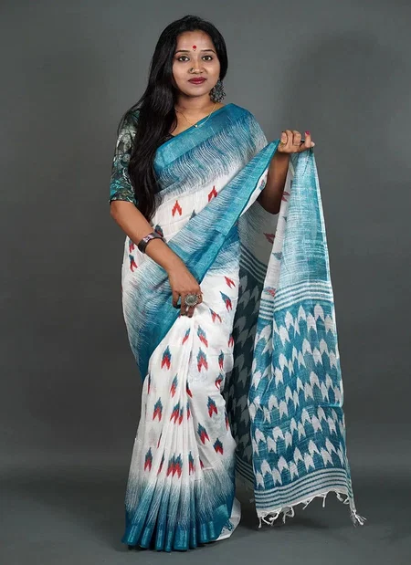 MG 453 Linen With Jari Border Printed Non Catalog Sarees Wholesale Online
