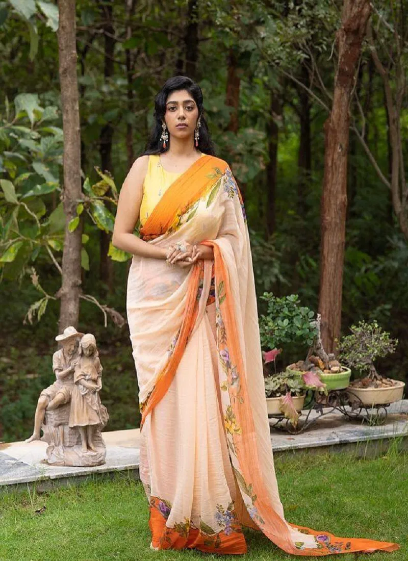 MG 536 Plain Linen Digital Printed Designer Saree Suppliers In India