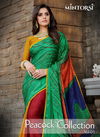 Mintorsi Designer Hand Print Peacock Sarees Silk Crape Jacquard with lace Piping and Diamond Stone Work Saree Collections