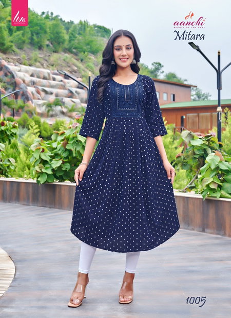 Mitara By Aanchi Rayon Embroidery Printed Kurtis Wholesale Market In Surat
