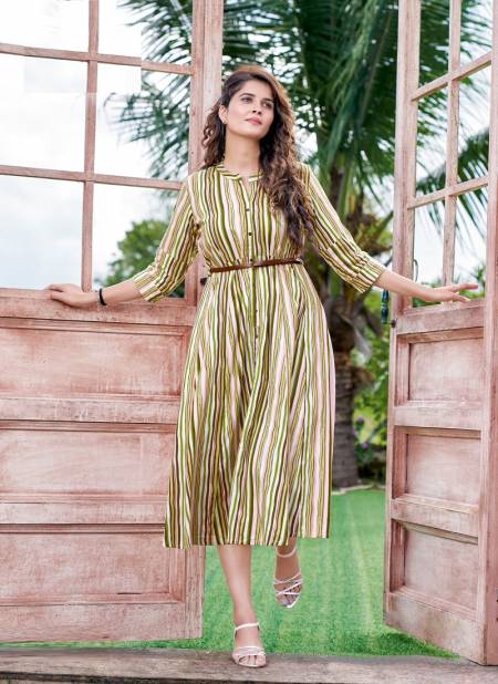 Bottle Green Flared Printed Long Kurti with Belt | BLUE HILLS-104 |  Cilory.com