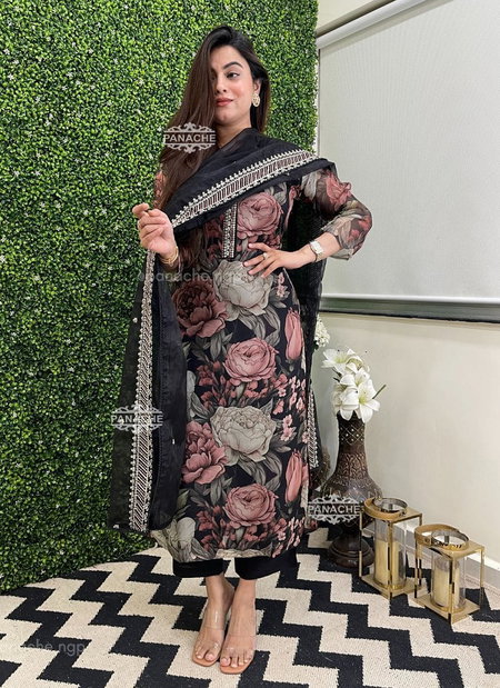 MT Black Embroidery Organza Kurti With Bottom Dupatta Wholesale Shop In Surat	