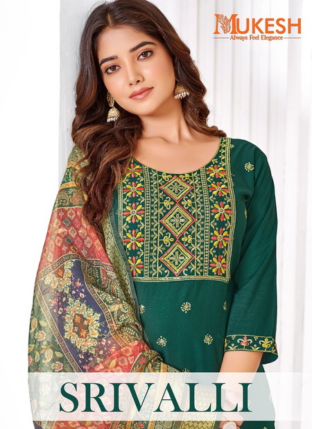 Mukesh Srivalli Rayon Embroidery Kurti With Bottom Dupatta Wholesale Price In Surat

