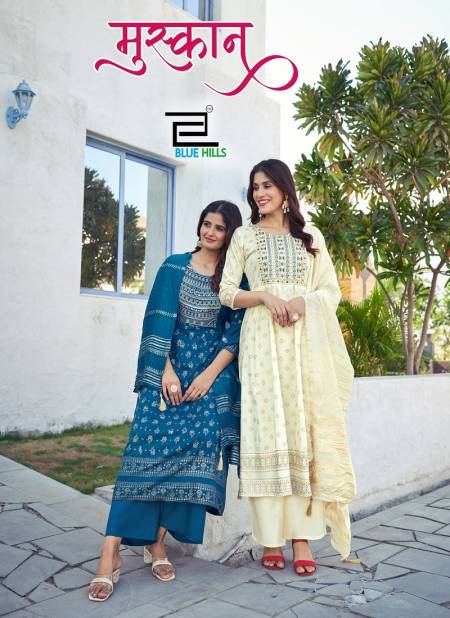 Muskan By Blue Hills Rayon Foil Printed Embroidery Kurti With Bottom Dupatta Wholesale Online Catalog
