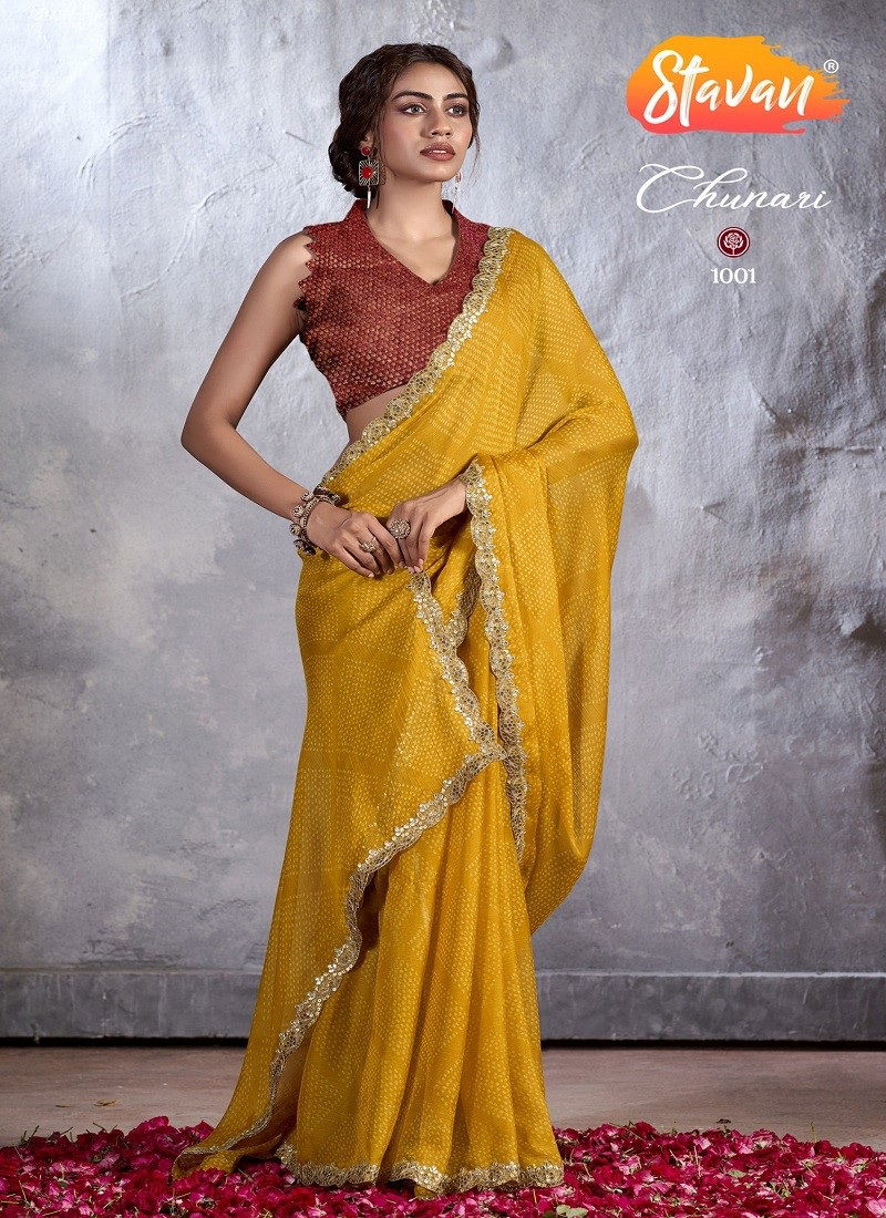 Mustard Colour Chunari 1001 By Stavan Designer Chiffon Embroidery Saree Wholesale Online