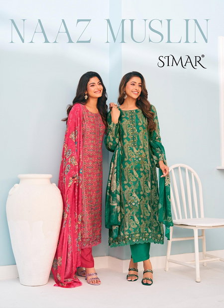 Naaz Muslin By Glossy Viscose Printed Embroidery Online Dress Material Wholesale