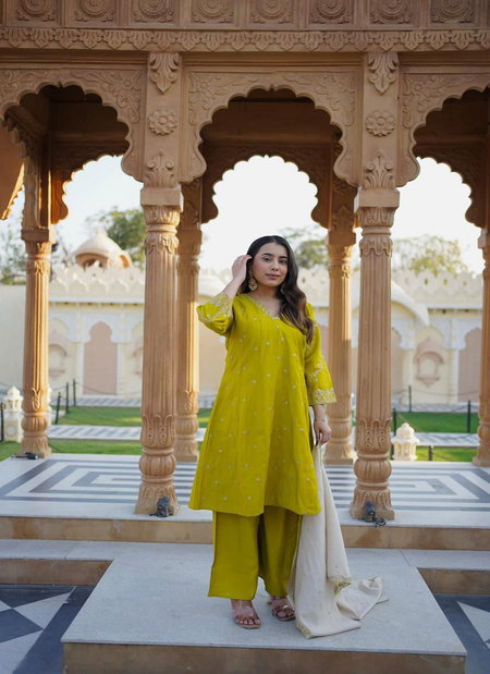 Naisha K 598 Roman Silk With Work Kurti With Plazzo Dupatta Exporters In India