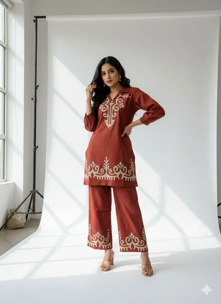 Naisha K 718 Cotton Flex Cofee colour Stylish Wear Co Ord Set 