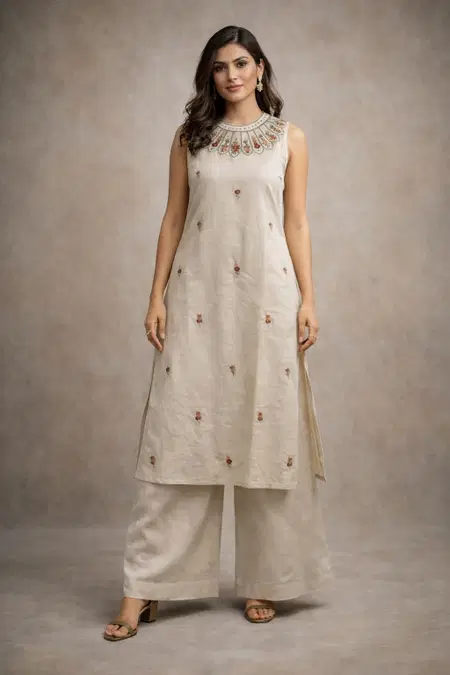 Naisha K 722 Cotton Flex Embroidery Sleeveless Kurti With Bottom Suppliers In India