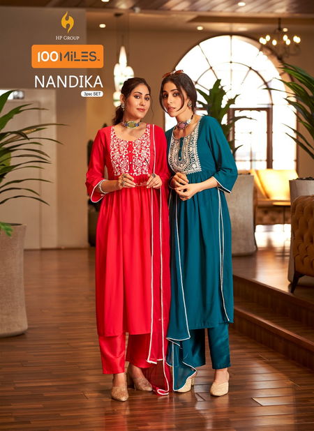 Nandika By 100 Miles Naira Cut Embroidery Kurti With Bottom Dupatta Wholesale Online Catalog