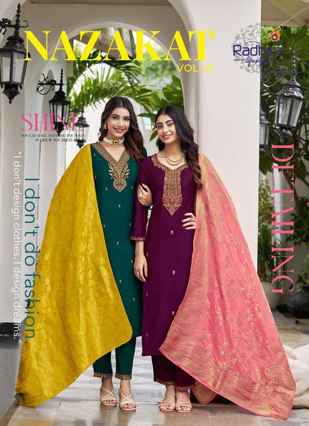 Nazakat Vol 1 By Radhika Vertican Silk Kurti With Bottom Dupatta Exporters In India