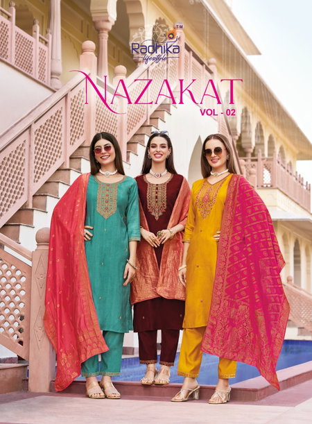 Nazakat Vol 2 By Radhika Vertican Silk Kurti With Bottom Dupatta Exporters In India