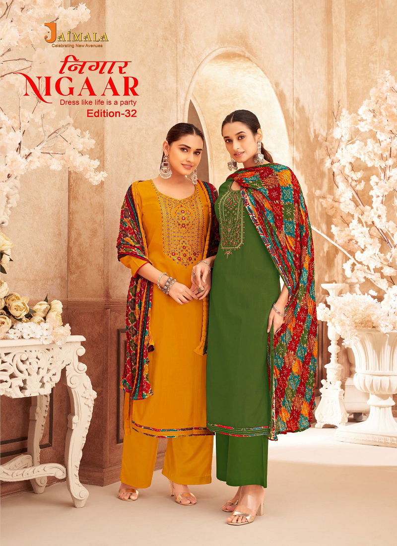 Nigaar 32 By Alok Suit Rayon Slub Embroidery Dress Material Orders In India Catalog