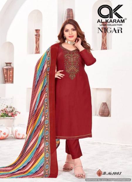 Nigar Vol 1 By Al Karam Rayon Embroidery Dress Material Wholesale Clothing Suppliers In India
 Catalog